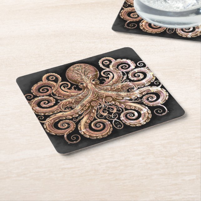 Posavasos Cuadrado De Papel Kraken Steampunk Octopus Ornate Gold Black (En perspectiva)