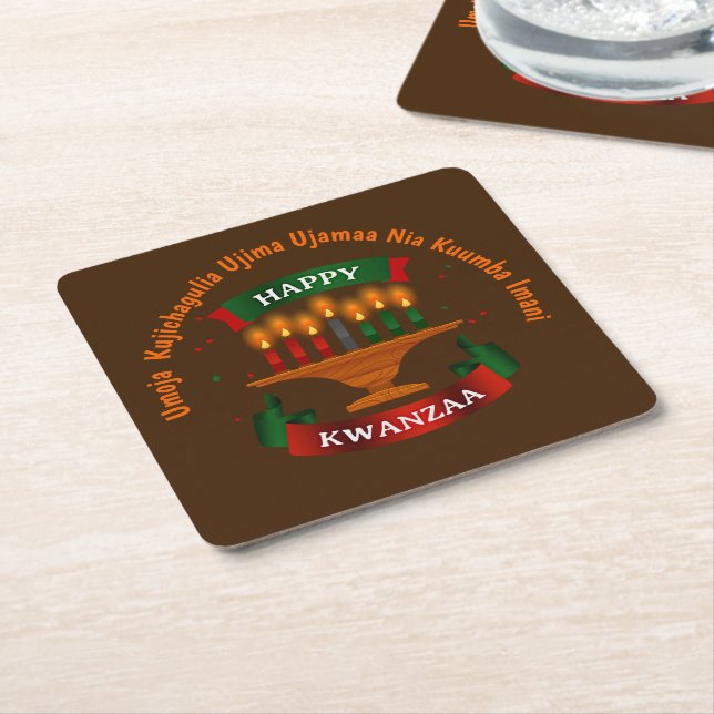 Posavasos Cuadrado De Papel Kwanzaa Candles Red Black Green 7 Principles (En perspectiva)