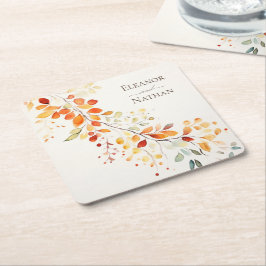 Posavasos Cuadrado De Papel La acuarela moderna de Boho Autumn deja al Boda