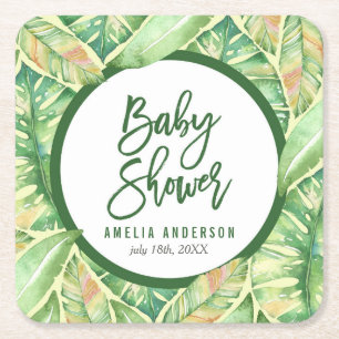 Posavasos Cuadrado De Papel La acuarela verde deja Baby Shower tropical