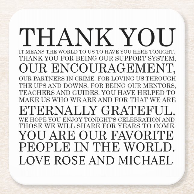 Posavasos Cuadrado De Papel La boda personalizada le agradece los prácticos de (Anverso)
