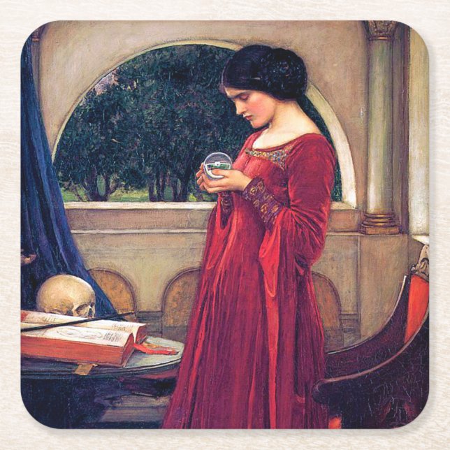 Posavasos Cuadrado De Papel La bola de cristal, John William Waterhouse (Anverso)