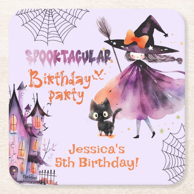 Posavasos Cuadrado De Papel La bruja linda Festín de cumpleaños de Halloween (Anverso)
