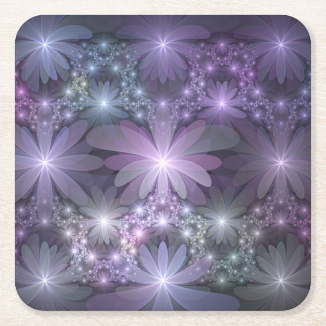 Posavasos Cuadrado De Papel La cama de flores reluciente arte fractal (Anverso)