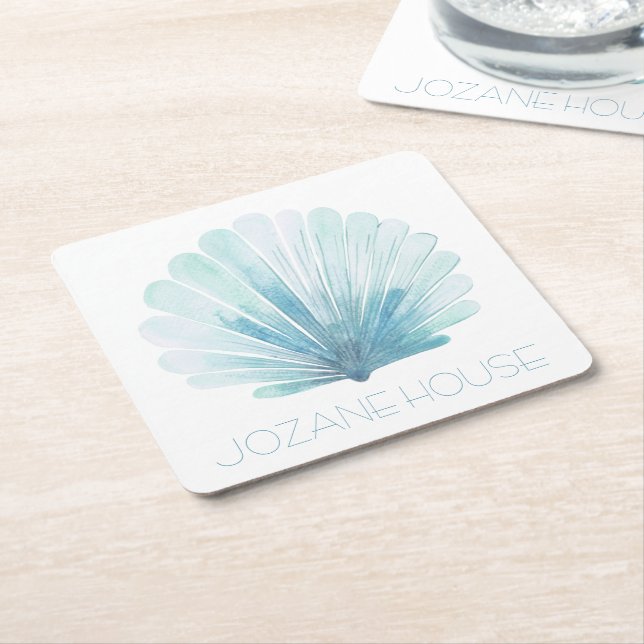 Posavasos Cuadrado De Papel La concha costera azul y blanca Aqua personalizada (En perspectiva)