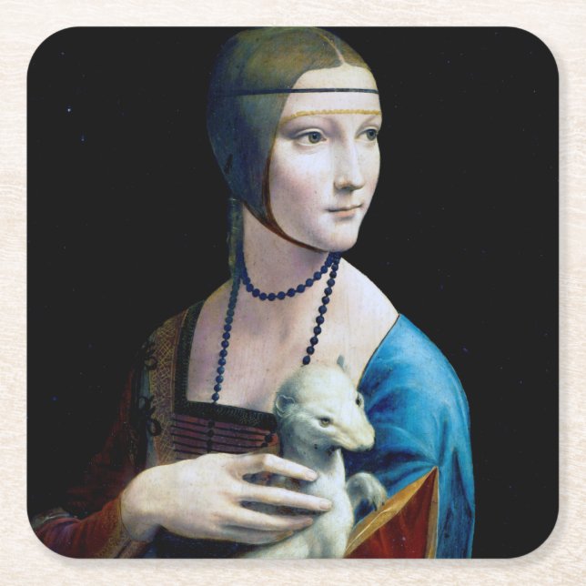 Posavasos Cuadrado De Papel La Dama con un Ermio, Leonardo da Vinci (Anverso)