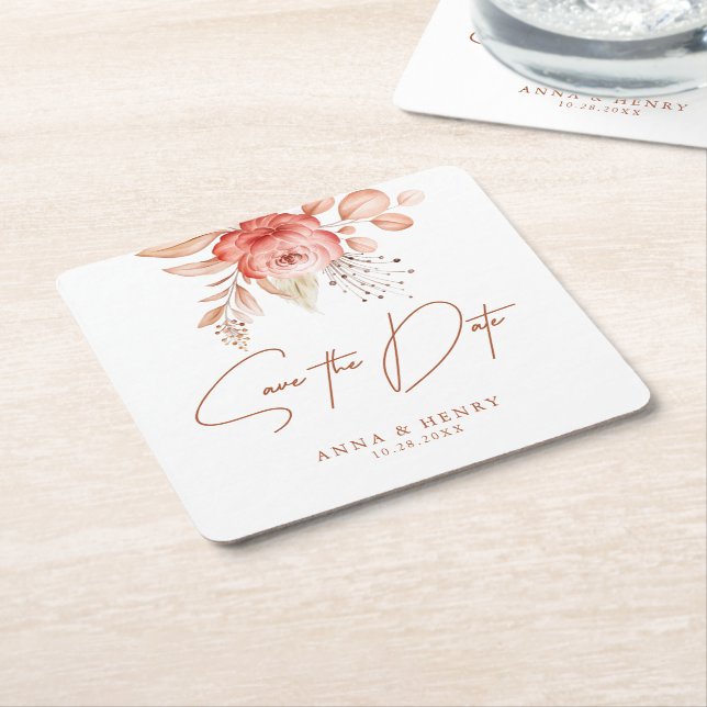 Posavasos Cuadrado De Papel La floral y romántica boda rústica de Rubor salva  (En perspectiva)