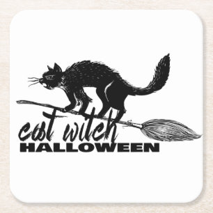 Posavasos Cuadrado De Papel La Graciosa Bruja De Gato De Halloween En El Palo 