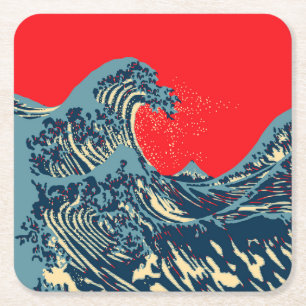 Posavasos Cuadrado De Papel La Gran Ola de Hokusai en Estilo Colorido