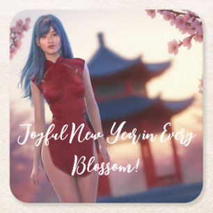 Posavasos Cuadrado De Papel La joven belleza de Cheongsam posando para el Año