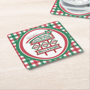 Posavasos Cuadrado De Papel La marquesina retro de Santa – Ho Ho Ho alegre y b