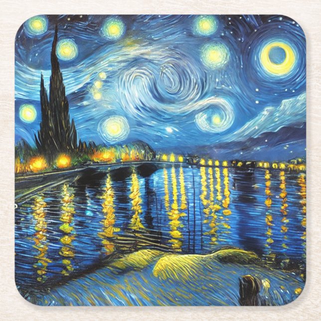 Posavasos Cuadrado De Papel La Noche Estrellada (Vincent van Gogh) (Anverso)