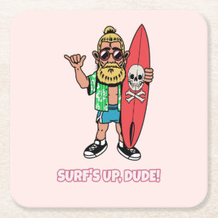 Posavasos Cuadrado De Papel ¡La Ola Está Alta, Tío! Surfista de Dibujos Animad