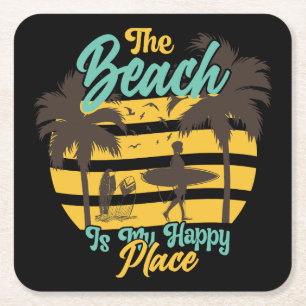 Posavasos Cuadrado De Papel La playa es mi lugar feliz, verano, surf y palmera