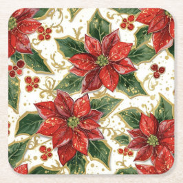 Posavasos Cuadrado De Papel La Poinsettia Roja Y Los Navidades Holly Festejan