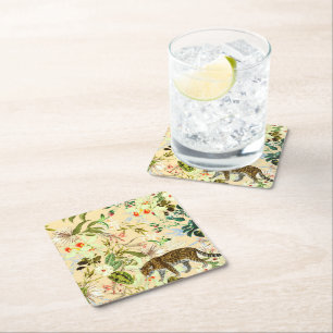 Posavasos Cuadrado De Papel La selva de tigre de flores modernas de época