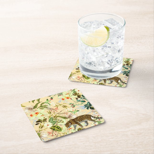 Posavasos Cuadrado De Papel La selva de tigre de flores modernas de época (In situ)