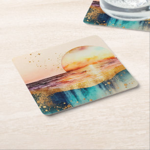 Posavasos Cuadrado De Papel La Serie de Playa de Acuarela Diseño 3