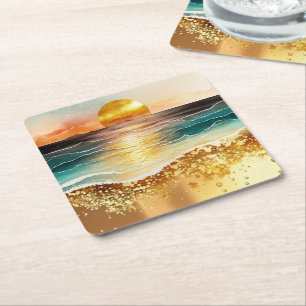 Posavasos Cuadrado De Papel La Serie de Playa de Acuarela Diseño 3