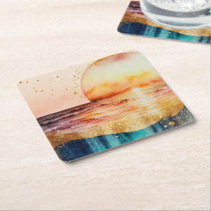 Posavasos Cuadrado De Papel La Serie de Playa de Acuarela Diseño 3