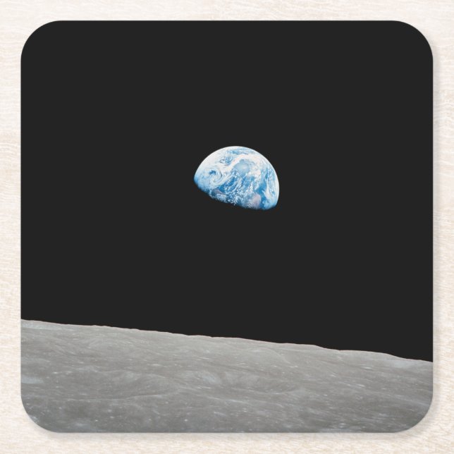 Posavasos Cuadrado De Papel La Tierra Se Levanta Sobre El Horizonte Lunar. (Anverso)