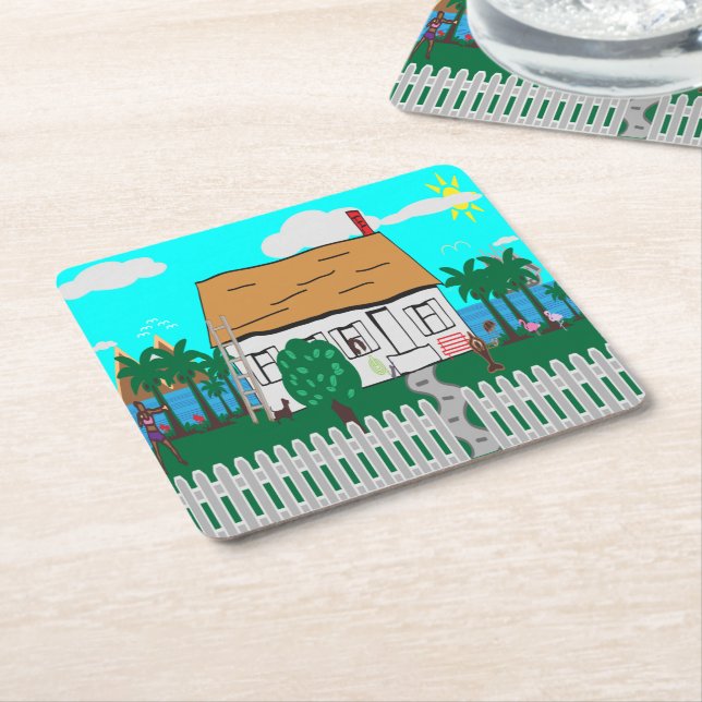 Posavasos Cuadrado De Papel La Vida En La Playa (En perspectiva)