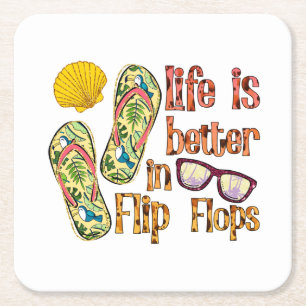 Posavasos Cuadrado De Papel La vida es mejor en Flip Flops Vibes de verano