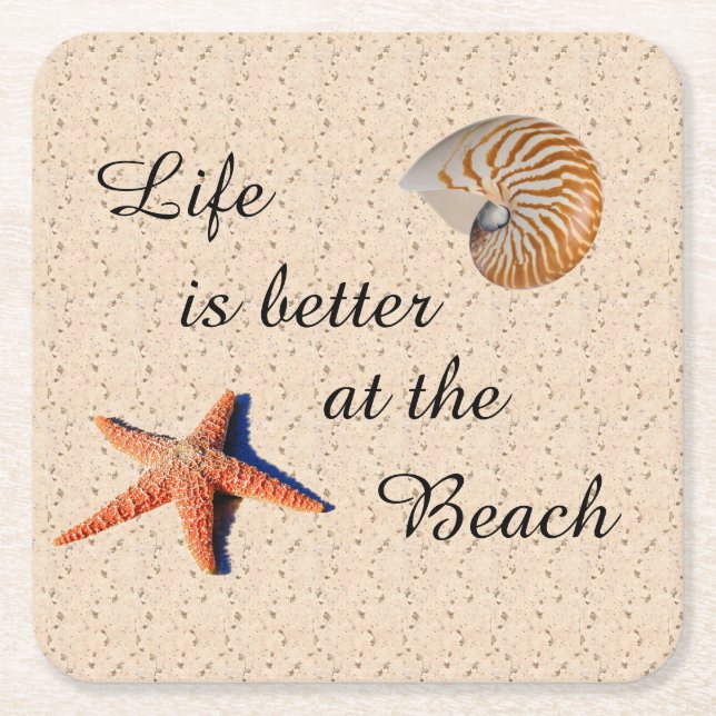 Posavasos Cuadrado De Papel La vida es mejor en la playa (Anverso)