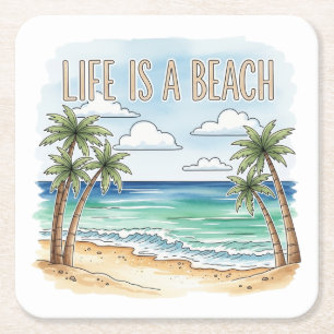 Posavasos Cuadrado De Papel "La vida es una playa" Palma tropical océano