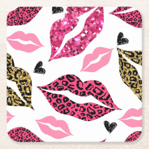 Posavasos Cuadrado De Papel Labios brillantes: Patrón de moda Leopard