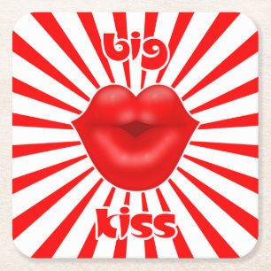 Posavasos Cuadrado De Papel labios rojos anchos rayos solares beso grande