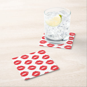 Posavasos Cuadrado De Papel Labios Rojos, Labios Rojos, Beso, Patrón De Labios