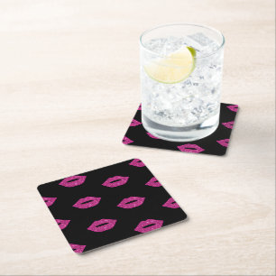 Posavasos Cuadrado De Papel Labios rosados besos de purpurina morada Maquillaj
