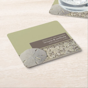 Posavasos Cuadrado De Papel Lace de dólar de arena, boda de playa de vintage