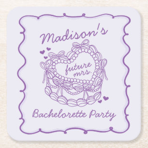 Posavasos Cuadrado De Papel Laço Morado Retro Corazón Coquette Torta Despedida