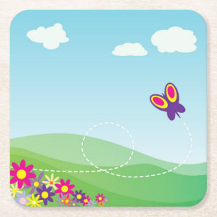 POSAVASOS CUADRADO DE PAPEL LADO DE COLINA CON MARIPOSA Y FLORES