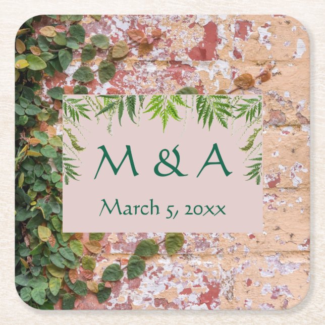 Posavasos Cuadrado De Papel Ladrillos pintados Green Ivy Boda (Anverso)
