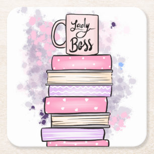 Posavasos Cuadrado De Papel Lady Boss Books y Mug