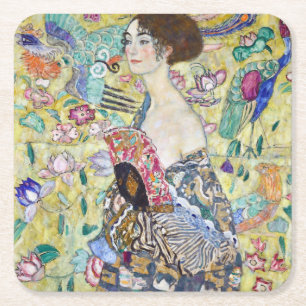 Posavasos Cuadrado De Papel Lady con un fanático, Gustav Klimt