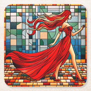 Posavasos Cuadrado De Papel Lady en rojo