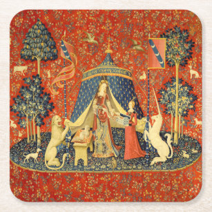 Posavasos Cuadrado De Papel Lady y el arte de la talla medieval de Unicornio