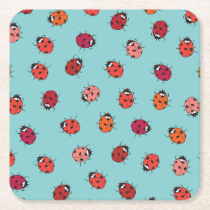 Posavasos Cuadrado De Papel Ladybugs, fondo azul, encantadora pieza sin costur