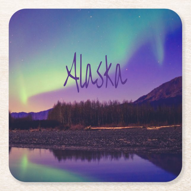 Posavasos Cuadrado De Papel Lago Alaska Northern Lights (Anverso)