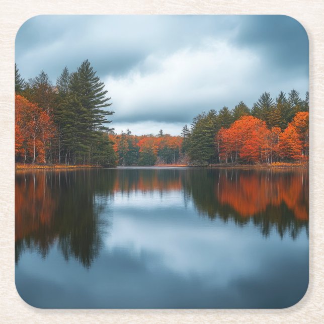 Posavasos Cuadrado De Papel Lago de Otoño (Anverso)