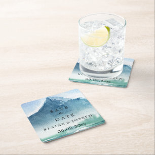 Posavasos Cuadrado De Papel Lago Rustic Watercolor Mountains salva la fecha