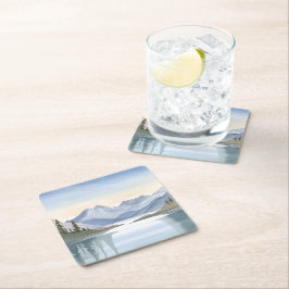 Posavasos Cuadrado De Papel Lago Tahoe | Paisaje montañoso de acuarela