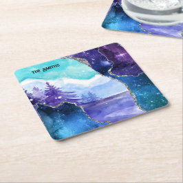 Posavasos Cuadrado De Papel Lago y bosque de nieve mágico morado y Verde azula