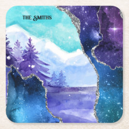 Posavasos Cuadrado De Papel Lago y bosque de nieve mágico morado y Verde azula