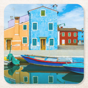 Posavasos Cuadrado De Papel Laguna colorida de la escena Venetian del barco