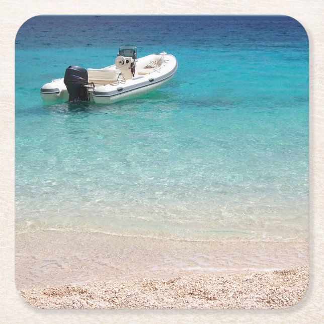 Posavasos Cuadrado De Papel Lancha de carreras en el práctico de costa azul (Anverso)